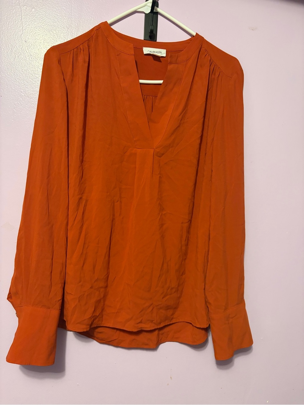 Calvin Klein Rust Orange V-Neck Long-Sleeve Blouse